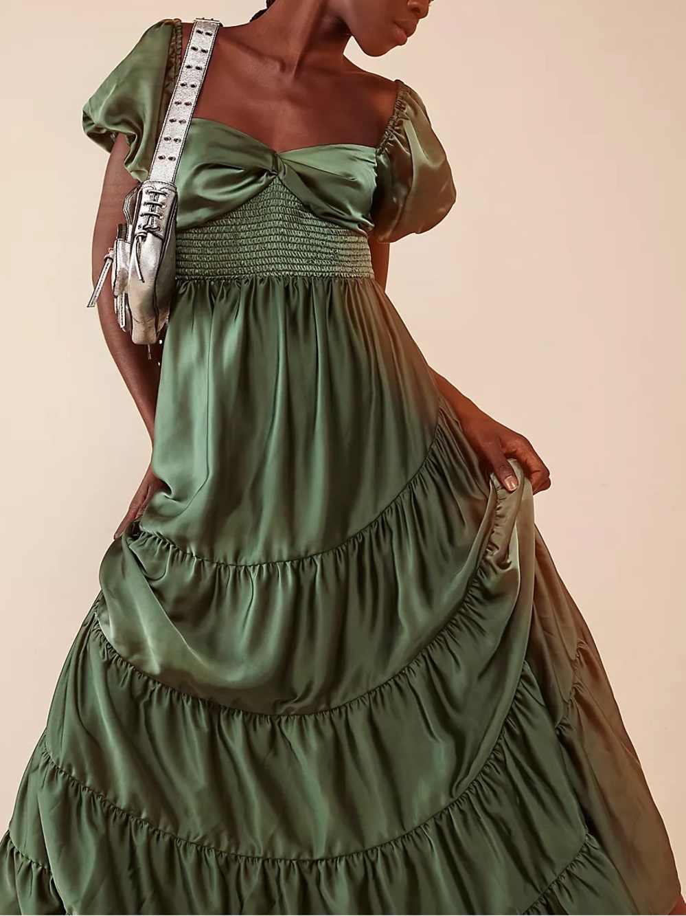 Free People FP Women’s Sundrenched Silky Puff Sleeve Maxi Dress Gown Moss Green